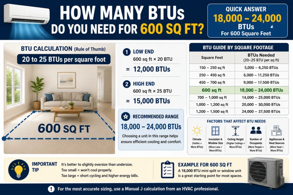 how many btus do i need for 600 square feet