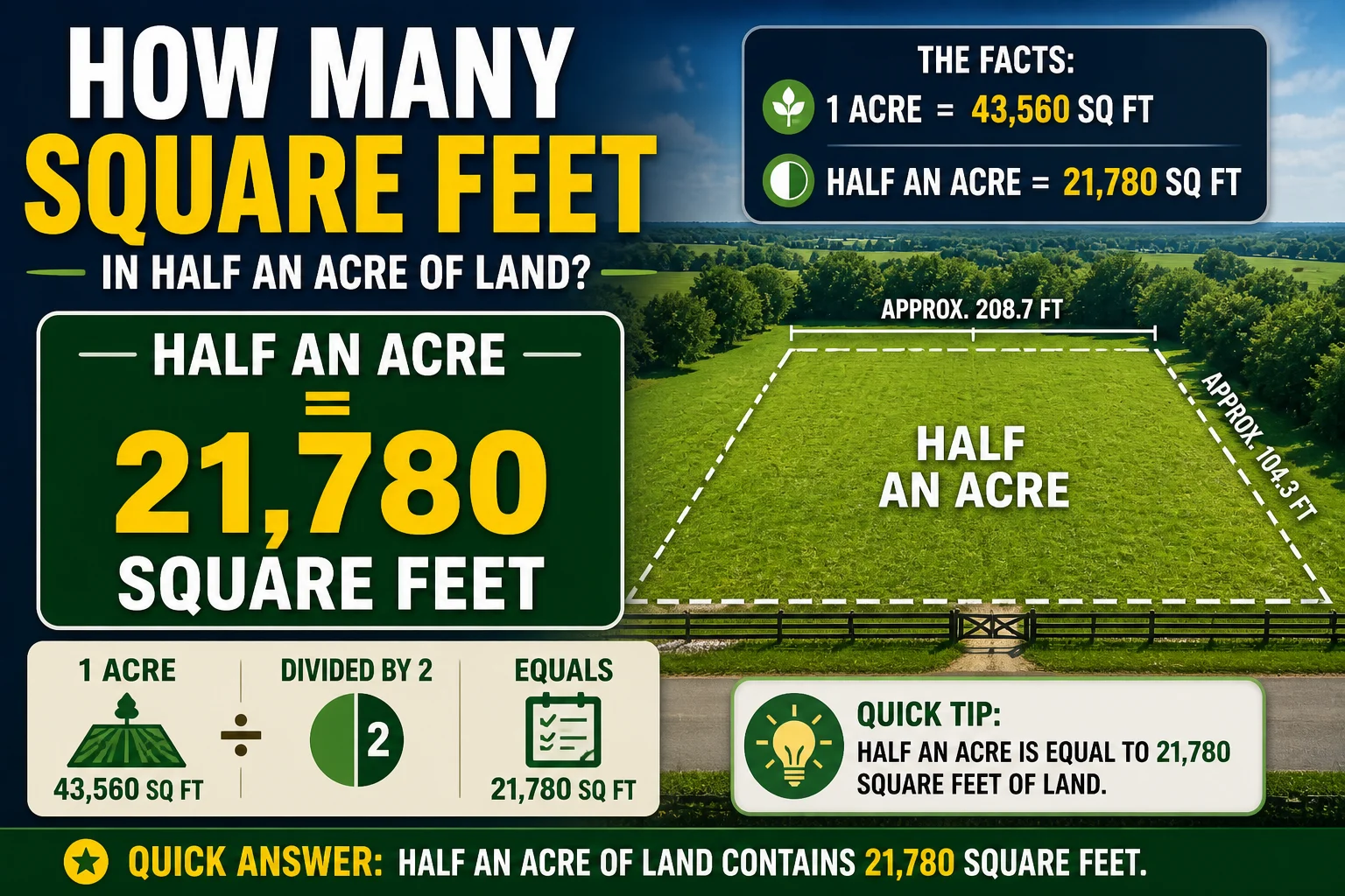 how many square feet in half an acre of land